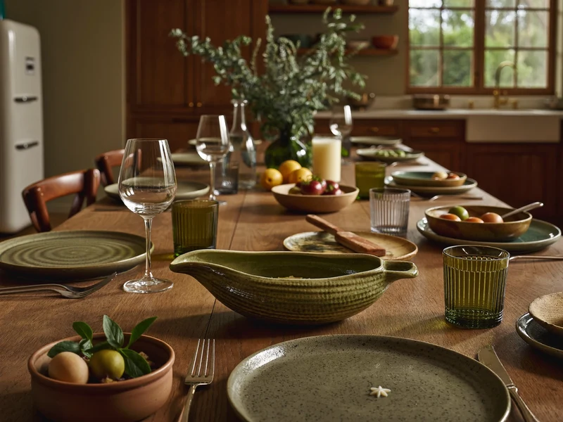 Tavola italiana apparecchiata con ceramiche, bicchieri e piatti da portata nella luce del tardo pomeriggio