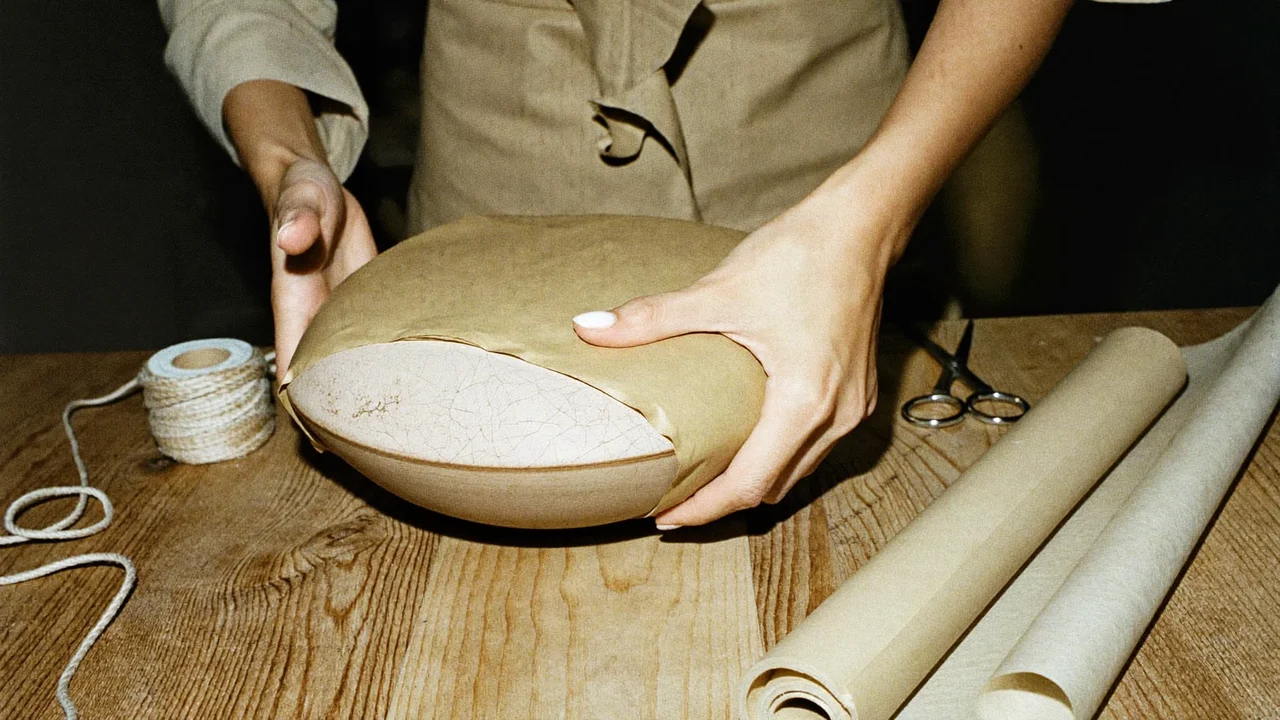 Mani che avvolgono una ciotola in ceramica in carta kraft sul banco del negozio